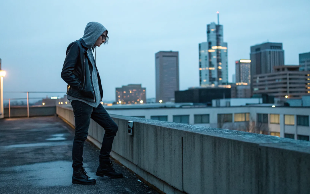 A person alone on a rooftop wondering why they still feel guilty after leaving Catholicism.