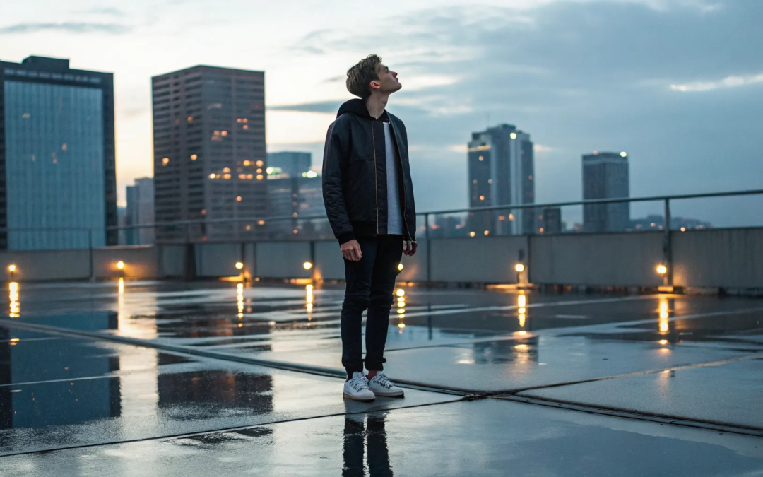 A person on a rooftop looking up, feeling spiritually blocked.