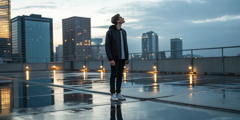 A person on a rooftop looking up, feeling spiritually blocked.