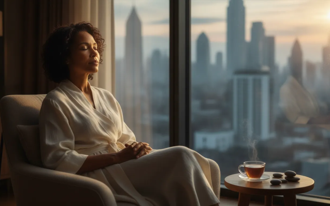 A serene woman sitting by a window at dawn, eyes closed in peaceful spiritual reflection