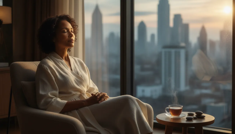 A serene woman sitting by a window at dawn, eyes closed in peaceful spiritual reflection