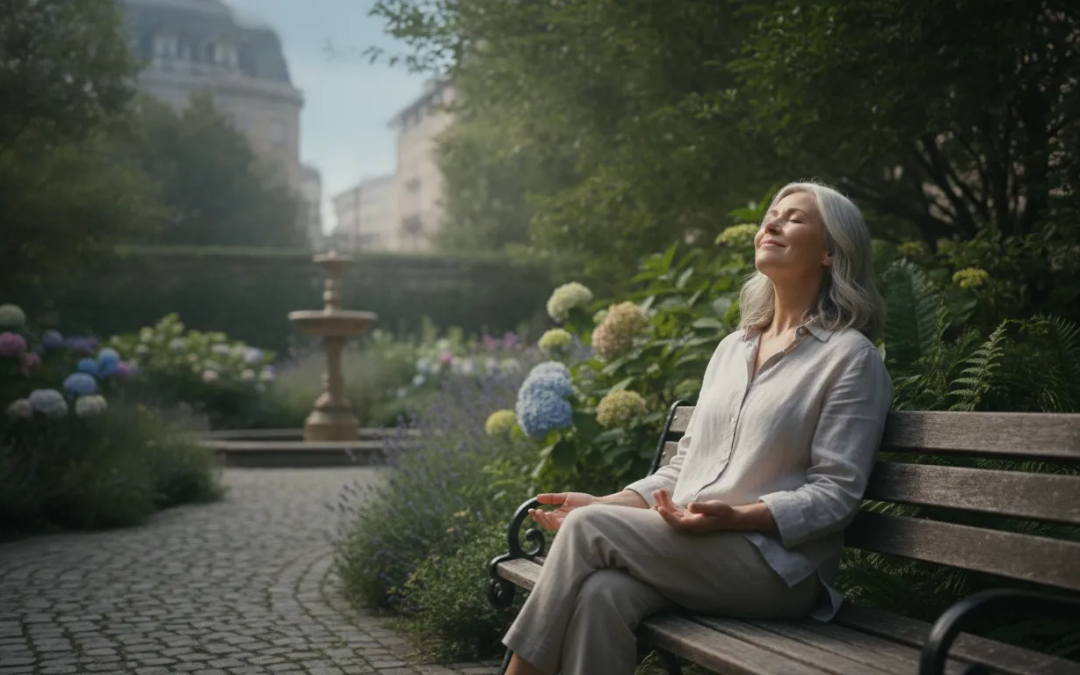 Woman over 50 sitting peacefully on a bench in a garden, eyes closed, soft morning light, finding peace and release