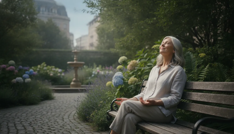Woman over 50 sitting peacefully on a bench in a garden, eyes closed, soft morning light, finding peace and release