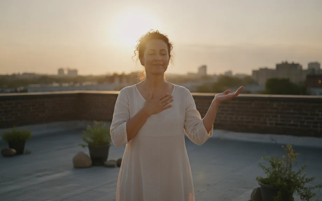 A serene Black woman reflecting on god as principle at sunrise