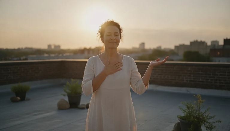 A serene Black woman reflecting on god as principle at sunrise