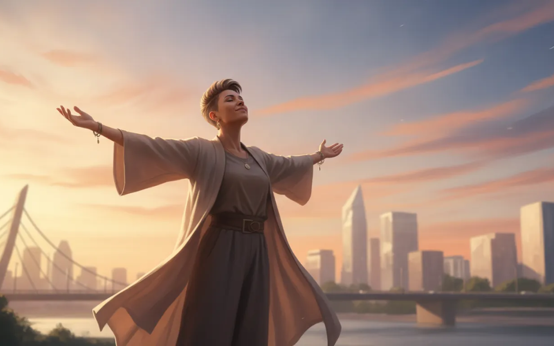 LGBTQ+ person embracing spiritual belonging beneath an open sky
