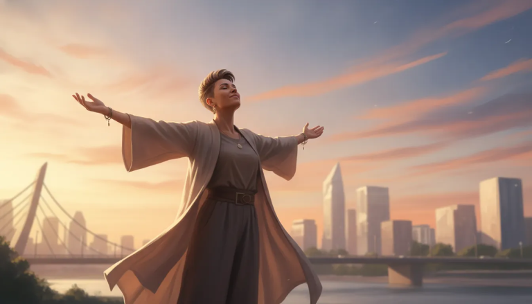 LGBTQ+ person embracing spiritual belonging beneath an open sky