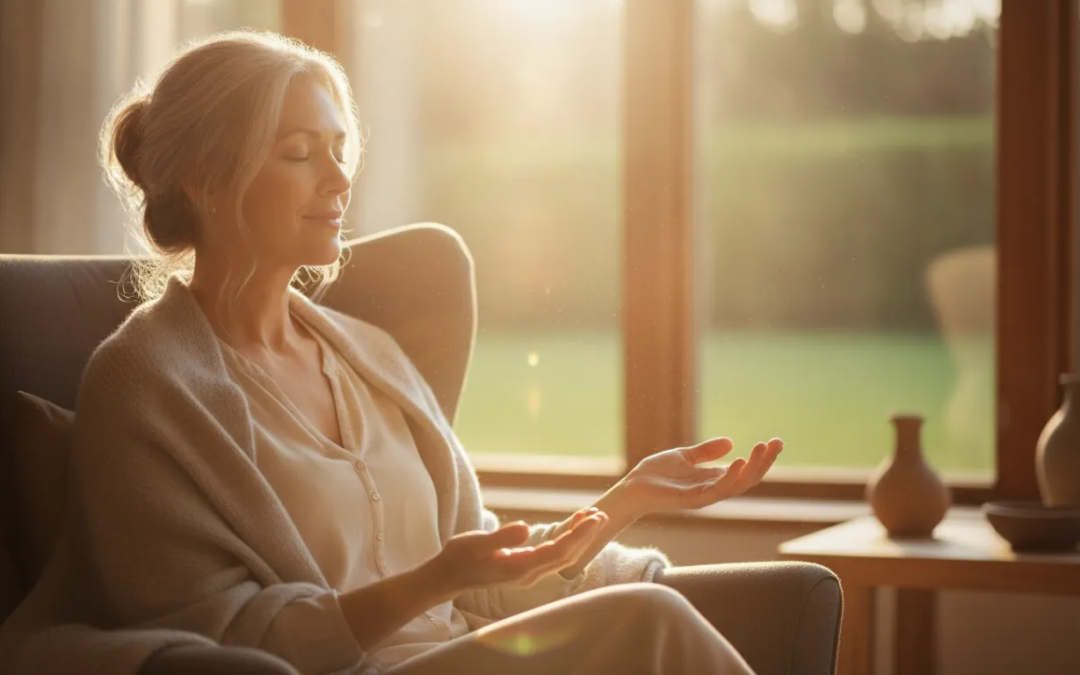 Woman with graying hair sitting peacefully in sunlit room, hands open in lap, feeling divine love and acceptance