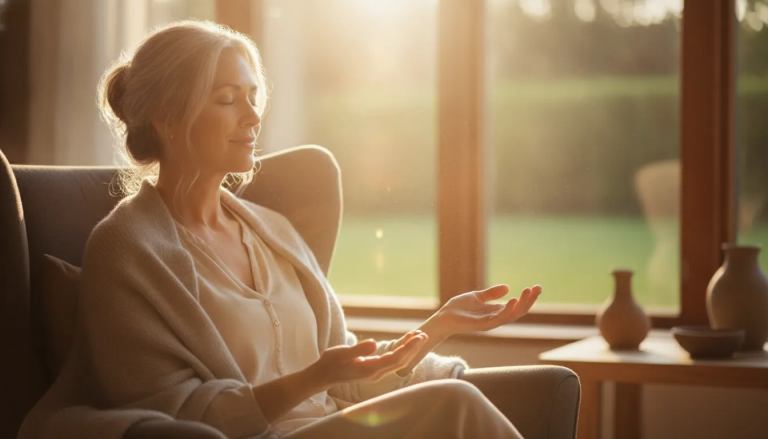 Woman with graying hair sitting peacefully in sunlit room, hands open in lap, feeling divine love and acceptance