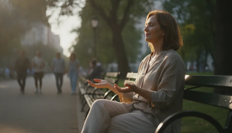 Middle-aged woman sitting peacefully in reflection in a city park at golden hour