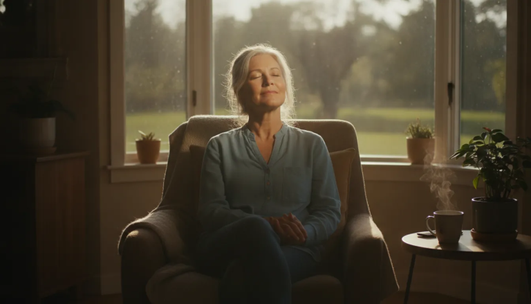 Woman in quiet reflection by a sunlit window finding peace