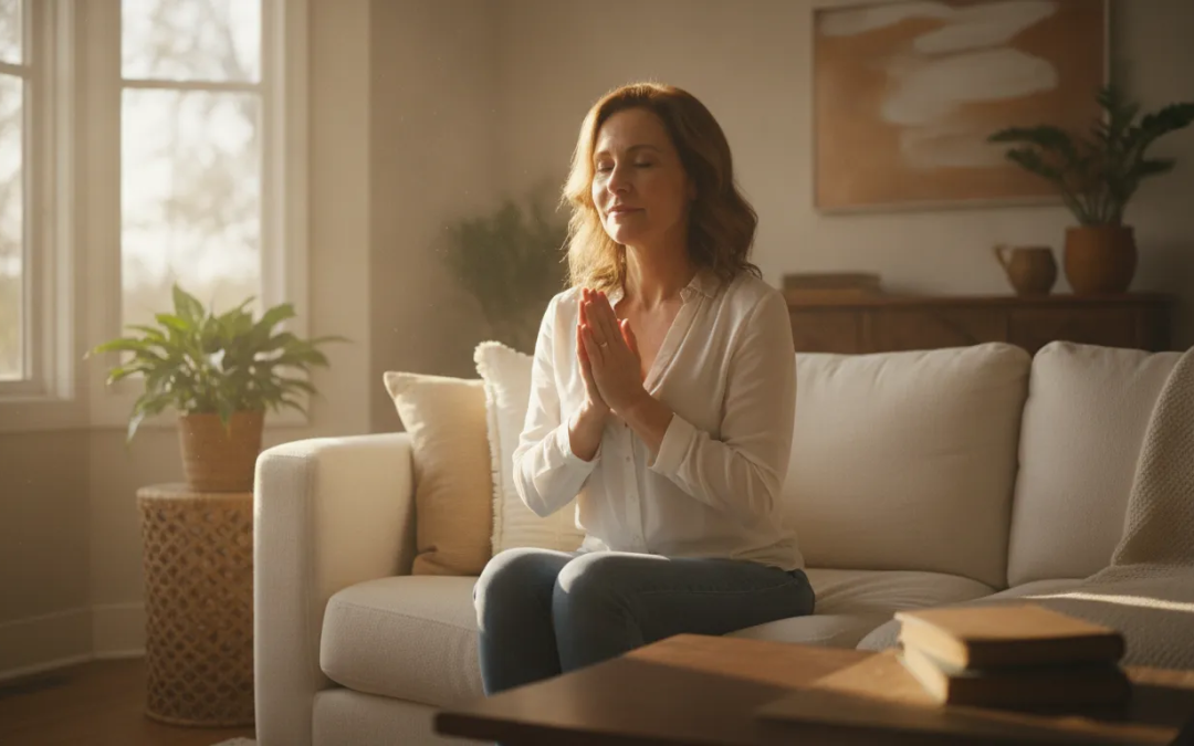 A woman in her 50s sitting peacefully in prayer with open hands in warm light
