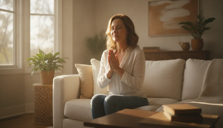 A woman in her 50s sitting peacefully in prayer with open hands in warm light