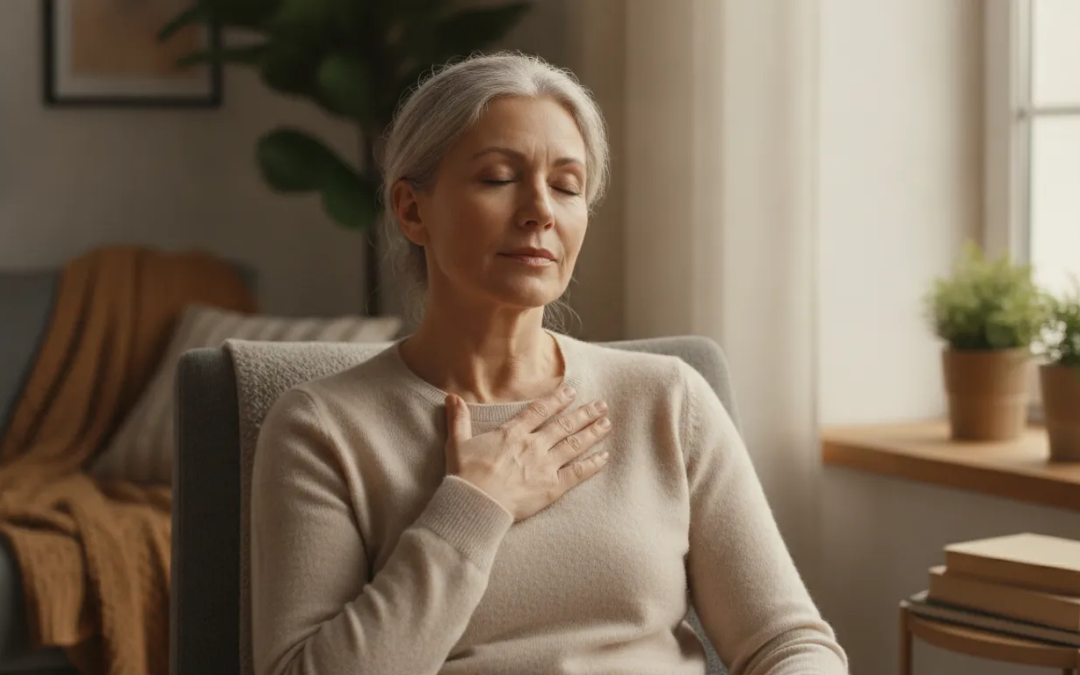 A serene woman in her fifties resting her hand over her heart in warm sunlight, feeling peaceful and worthy