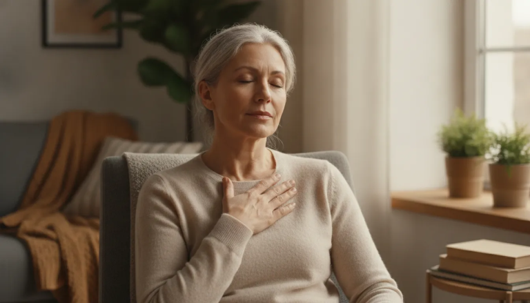 A serene woman in her fifties resting her hand over her heart in warm sunlight, feeling peaceful and worthy