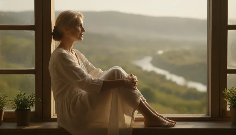 A woman over fifty sitting peacefully alone on a sunlit windowsill in quiet, contemplative reflection