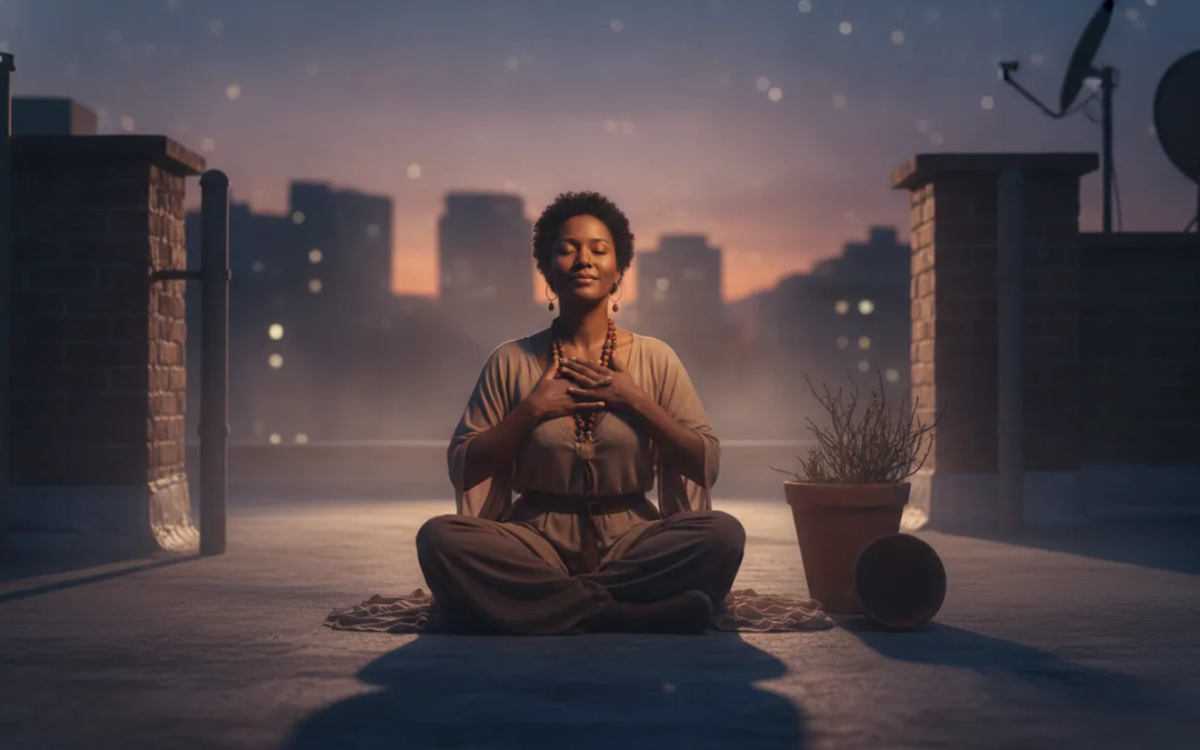 Serene woman of color releasing spiritual energy on a rooftop at dusk during spiritual healing