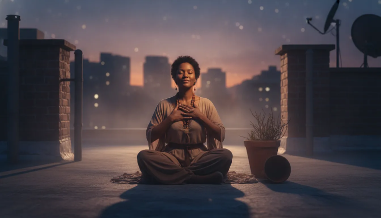 Serene woman of color releasing spiritual energy on a rooftop at dusk during spiritual healing