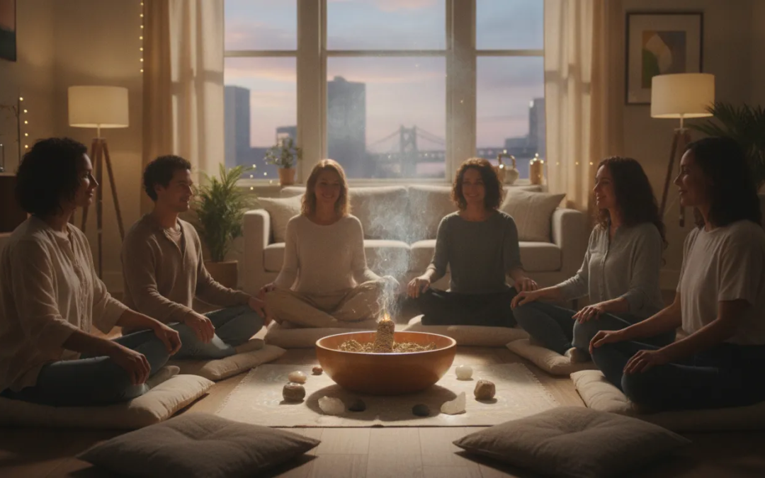 Diverse spiritual seekers gathered in a peaceful circle at home