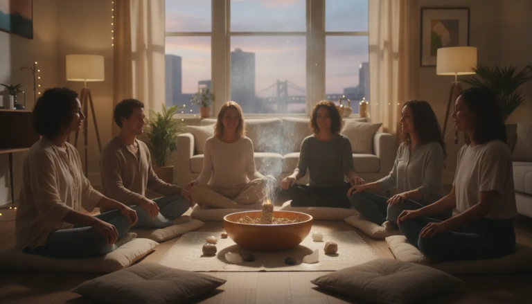 Diverse spiritual seekers gathered in a peaceful circle at home