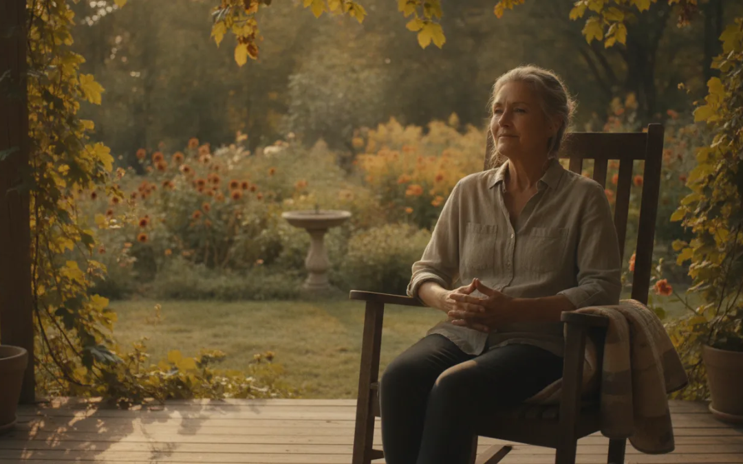 Woman in her fifties relaxing on a sunlit porch with a peaceful expression