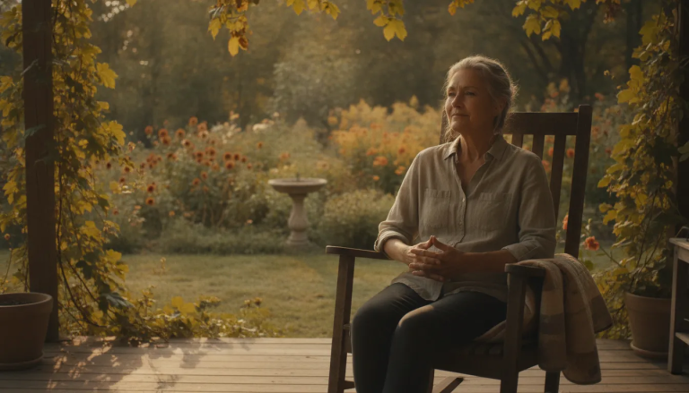 Woman in her fifties relaxing on a sunlit porch with a peaceful expression
