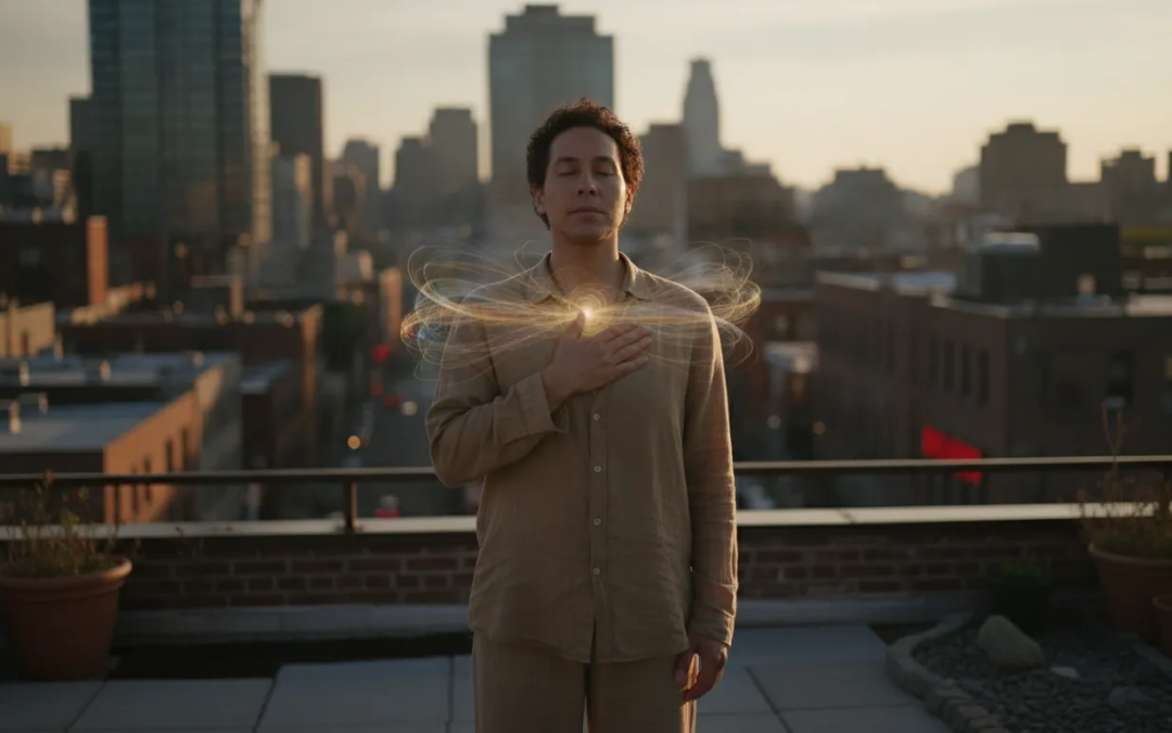 Person pausing in golden light to reflect on the metaphysical level