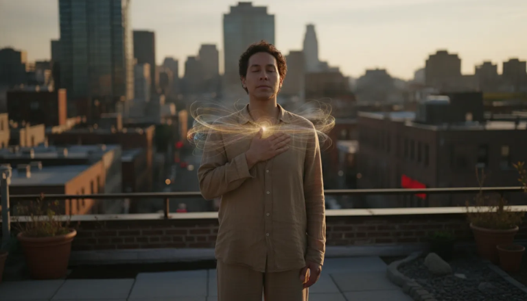 Person pausing in golden light to reflect on the metaphysical level