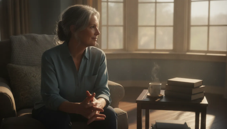 A woman over fifty sitting by a sunlit window in quiet reflection, at peace
