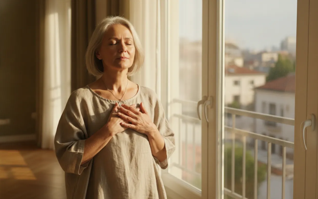 A serene woman over fifty with eyes closed and one hand resting over her heart in soft morning light