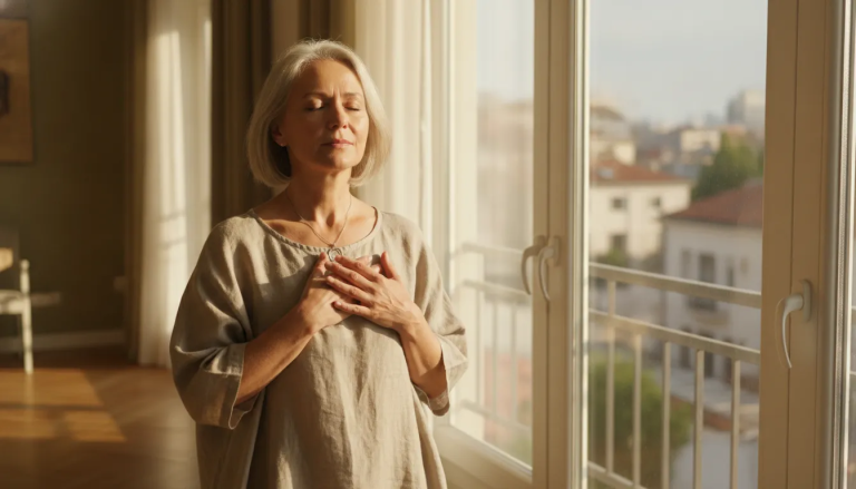 A serene woman over fifty with eyes closed and one hand resting over her heart in soft morning light